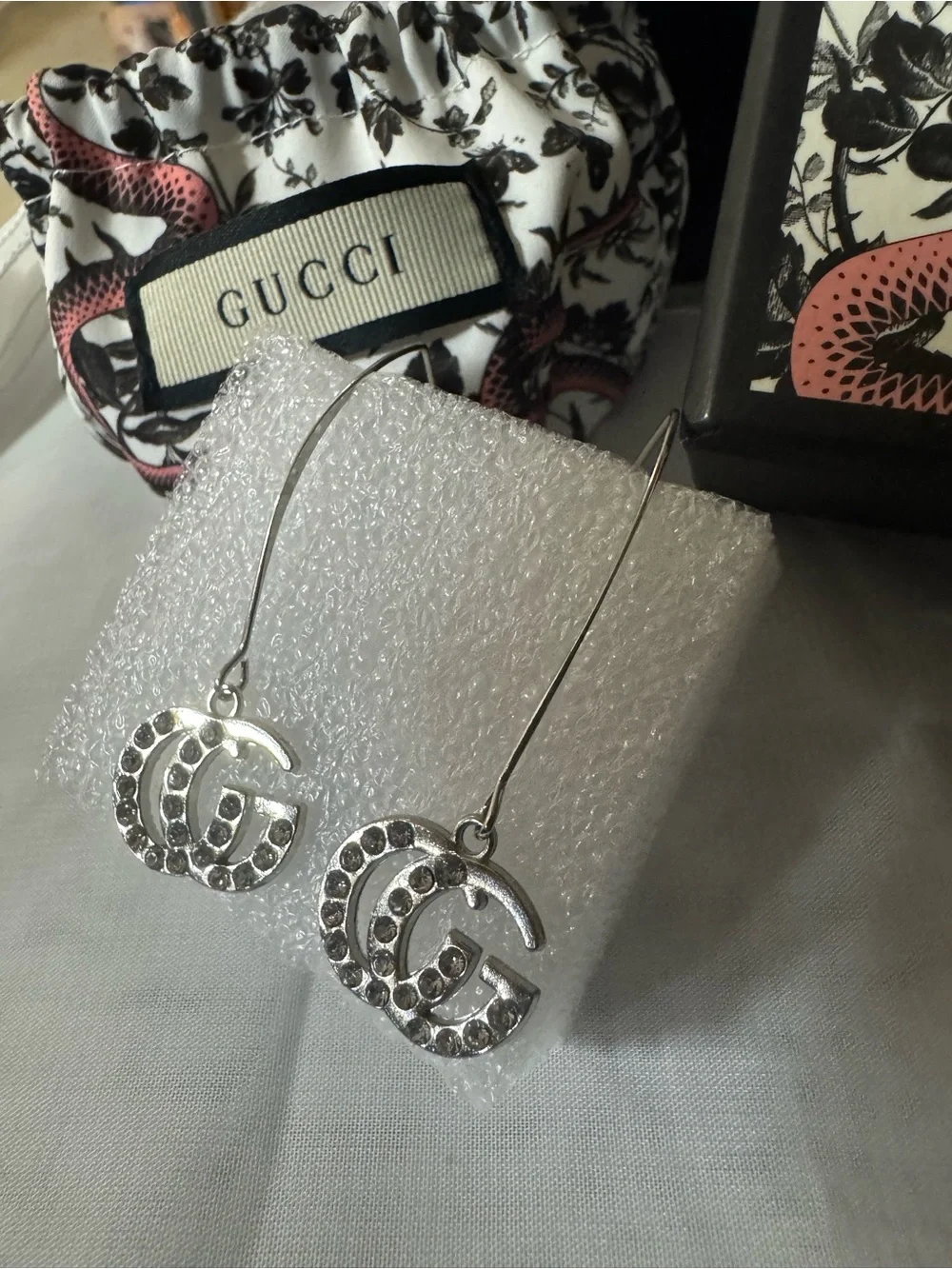 Gucci Silvery Crystal Double interlocking GG Hook Drop Earrings w/pouch and box - Picture 2 of 10